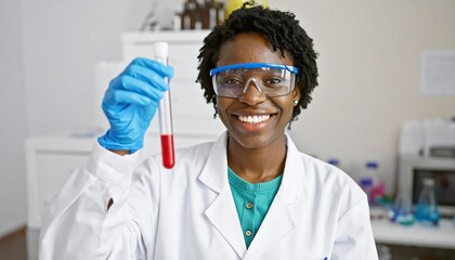 A smiling scientist of African descent wearing safety goggles and gloves holds a test tube filled with red liquid in a lab setting