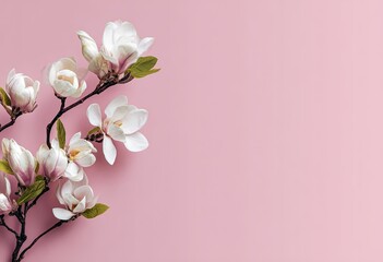 Fototapeta premium Delicate white magnolia blooms on a branch against a vibrant pink backdrop, creating a serene scene