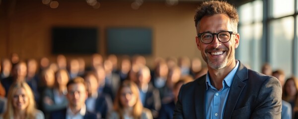 Man smiles at camera during presentation. People listen in conference room. Speaker shares ideas with audience in modern auditorium. Business meeting outdoors event.