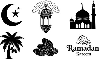 set of Ramadan kareem silhouette icons for muslim holiday celebration vector design