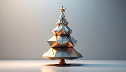 A geometric, metallic Christmas tree with a star topper, sitting on a white surface, lit from below