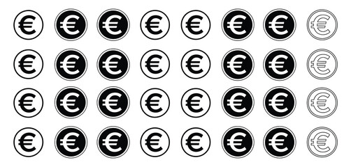 euro icon set featuring a complete collection of euro symbols, including line, filled, flat, and glyph versions, perfect for finance, economic graphics, banking, global currency, and vector 