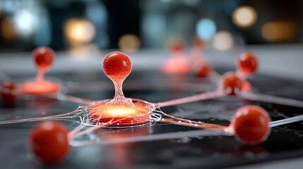Conceptual visualization of a glowing molecular network with interconnected red spheres, representing data flow and advanced scientific research in a high-tech environment.