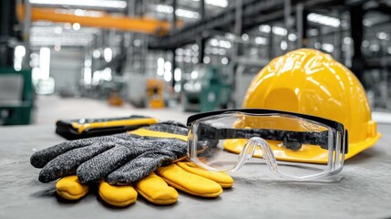 Safety gear is arranged on a workbench in a factory. A yellow hard hat, protective gloves, and safety glasses are visible. Tools and machinery are in the background