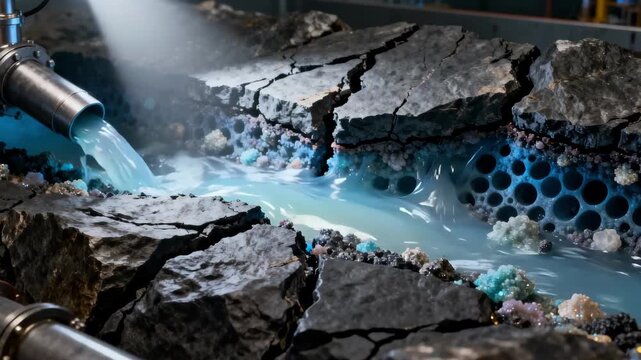 Medium shot capturing a chemical treatment process in enhanced geothermal systems focusing on reservoirs permeability enhancement