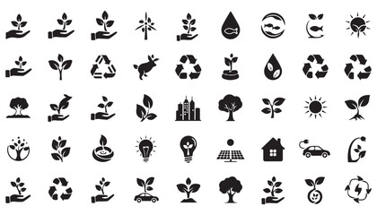 Fototapeta premium Modern green ecology renewable energy glyph icon set vector