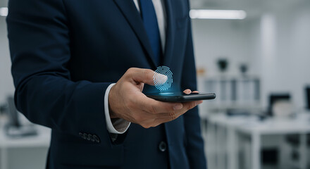 Businessman in a dark suit uses fingerprint scanning technology on a smartphone for secure mobile access within a modern blurred office environment