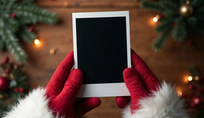Santa hand holding polaroid on wooden background with Christmas decorations