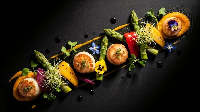 A gourmet dish of seared scallops with asparagus and vibrant vegetables. Fine dining food plating with edible flowers on a black background. Top view flat lay composition