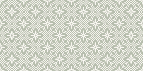 Obraz premium Elegant floral ornament in oriental style. Vector seamless pattern with flowers, tiles. Simple abstract minimal background. Sage green color texture. Luxury repeated design for decor, textile, curtain