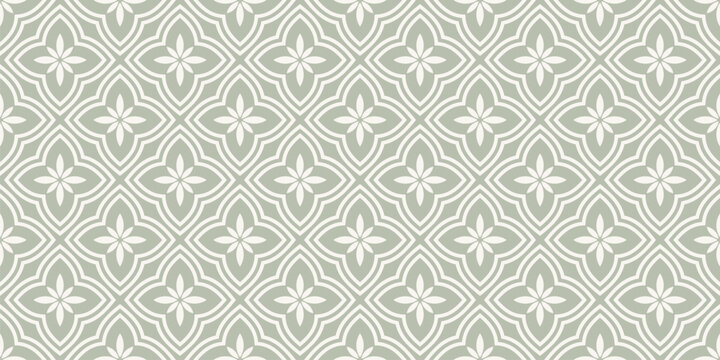 Elegant floral ornament in oriental style. Vector seamless pattern with flowers, tiles. Simple abstract minimal background. Sage green color texture. Luxury repeated design for decor, textile, curtain
