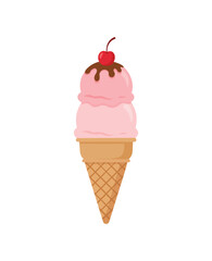 Pink Ice Cream Cone with Cherry and Chocolate Syrup