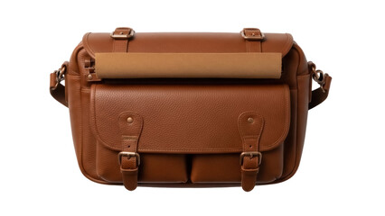 Brown leather satchel bag isolated PNG, vintage style messenger briefcase with pockets on transparent background for fashion accessory
