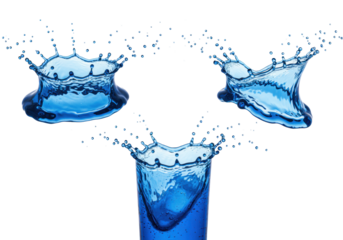 three hyperdetailed splashes of viscous, glossy cobalt blue liquid frozen mid-air, forming intricate crowns against a brilliant white studio background, high-speed macro product dynamism