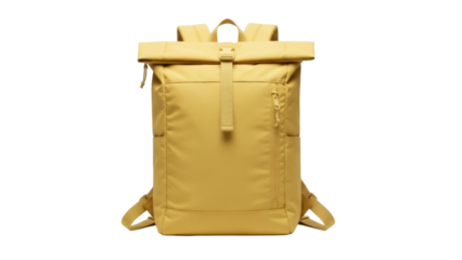 Mustard yellow rolltop backpack isolated PNG, modern casual bag for school travel or everyday carry on transparent background