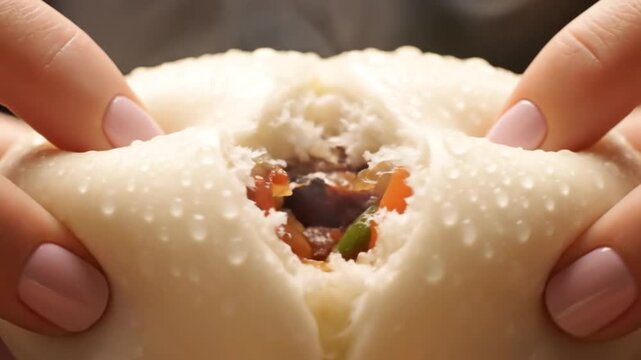 Close-up of hands tearing open a savory bun filled with vegetables.