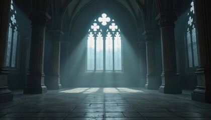 Fototapeta premium Sunlight streams through ornate Gothic window illuminating grand hall with stone floor and large pillars. Mysterious medieval interior with dramatic shadows.