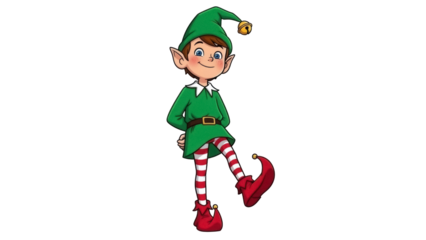 Cute Christmas elf PNG isolated on transparent background, festive holiday character with green hat and red striped stockings for design use