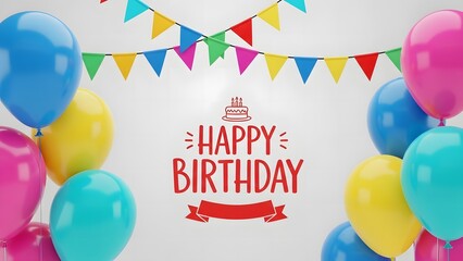 Vibrant birthday celebration with balloons and bunting on white background
