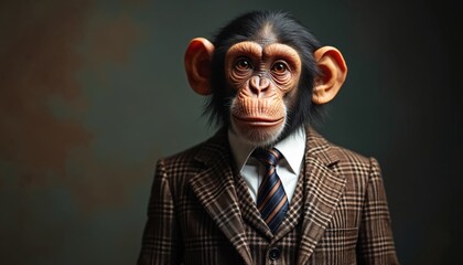 Chimpanzee dressed in plaid suit and striped tie poses confidently. Intelligent ape with human like expression looks directly at camera. Sophisticated primate displays fashion style and formal attire.