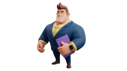 Cartoon businessman holding tablet isolated PNG, 3D rendering of a cheerful executive in suit for business presentation
