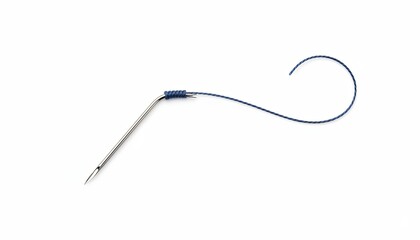 Straight surgical needle with coiled blue suture on white background medical suturing concept