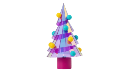 Modern Christmas tree PNG isolated on transparent background, geometric design with colorful ornaments for holiday decoration