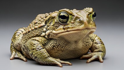 Obraz premium A realistic close-up of a large toad with rough, warty greenish-brown skin and bright golden eyes, sitting poised against a plain, neutral grey studio background.