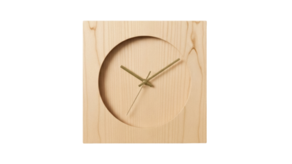 Minimalist wooden clock isolated PNG on transparent background, square frame with round face and simple hands, modern design for home decor