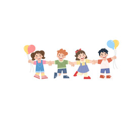 Happy Children Celebrating with Balloons Illustration: Four diverse young friends holding hands and cheering while holding colorful balloons. Vibrant and cheerful flat art style symbol for childhood 