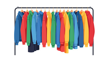 Colorful hoodies and jackets hang neatly on a clothing rack, showcasing a vibrant assortment of outerwear options for various styles.