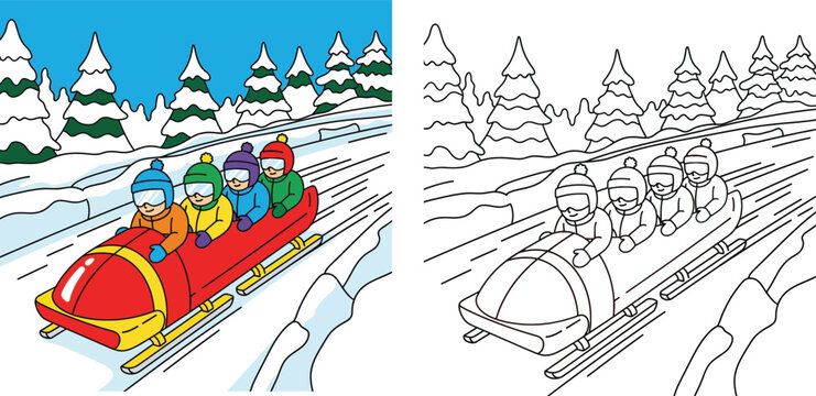 Vector illustration of bobsleigh team riding red sled in winter sport with coloring book page outline. Four athletes sliding on snow track with pine trees for educational activity