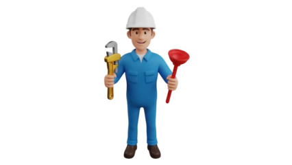 Cartoon plumber PNG isolated on transparent background, 3D rendering of a handyman with tools for plumbing and home repair