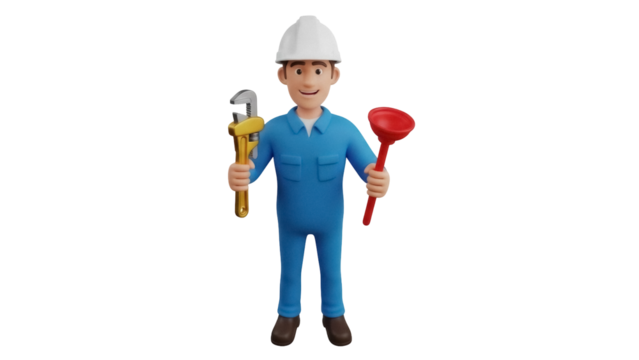 Cartoon plumber PNG isolated on transparent background, 3D rendering of a handyman with tools for plumbing and home repair - Powered by Adobe