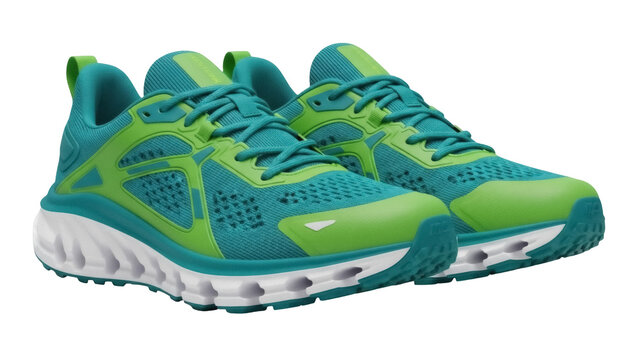 Pair of green and turquoise running shoes isolated PNG, athletic footwear for jogging and fitness on transparent background
