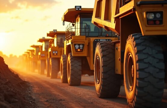 Heavy yellow mining trucks parked in a line on a dirt road. The sun sets casting a warm golden glow over the industrial scene. Trucks are ready for work at dawn.