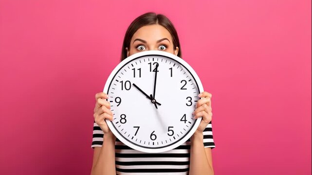 Woman holding large clock over face with surprised expression