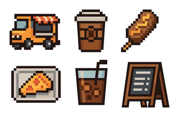 Retro pixel art of food truck with coffee, corn dog, pizza, and soda