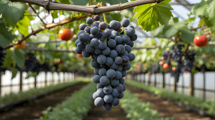 Close up photograph of ripe dark purple grapes growing on green grapevines in a greenhouse highlighting controlled agriculture and premium fruit growth