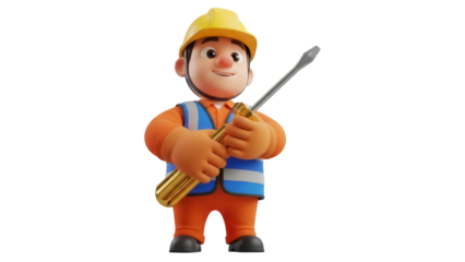 Cartoon construction worker with screwdriver isolated PNG, 3D builder character in hard hat and work clothes on transparent background