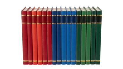 Row of colorful books isolated PNG, red, blue, and green hardcover volumes for library or study on transparent background