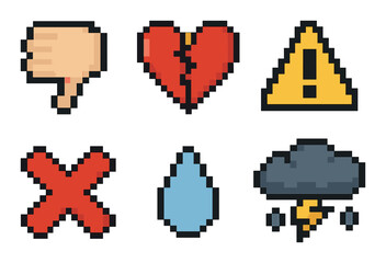 Pixel art symbols: thumbs down, broken heart, warning, cross, raindrop, storm cloud