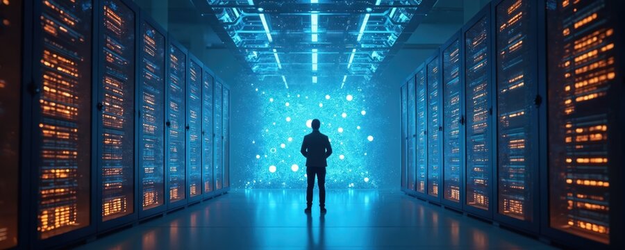 Man stands in server room full of racks with blinking lights. Digital abstract glowing particles swirl around him. He works with big data and artificial intelligence systems. - Powered by Adobe
