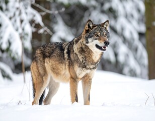 Fototapeta premium A majestic, grey and tan canine stands in a snow-covered forest, looking alert with an open mouth. The scene is illuminated by soft light