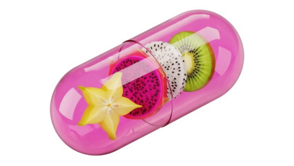Pink capsule with star fruit, dragon fruit, and kiwi slices isolated PNG, healthy food supplement on transparent background
