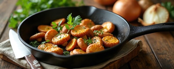 Round sliced carrots are pan fried with herbs and spices in cast iron pan. Whole and halved onions sit on rustic wooden table near chopped parsley.