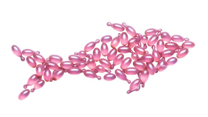 Pink capsules arranged in fish shape isolated PNG, beauty serum capsules for skincare and cosmetic product design on transparent background