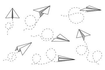 Realistic handmade paper planes collection on transparent background. Origami aircraft in flat style.
