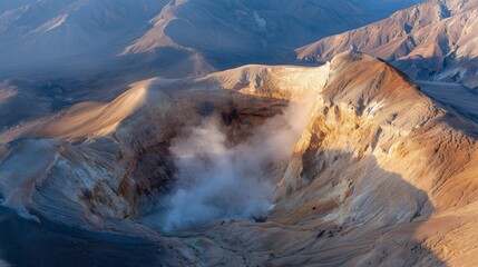 View of a volcano crater with steam rising at sunset in the mountains