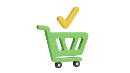 Green shopping cart with yellow check mark isolated PNG, online order confirmation for e-commerce and retail